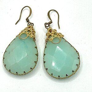 Faceted Genuine Natural Jade Pear Shape Drop Earrings Gold Tone Filigree Setting
